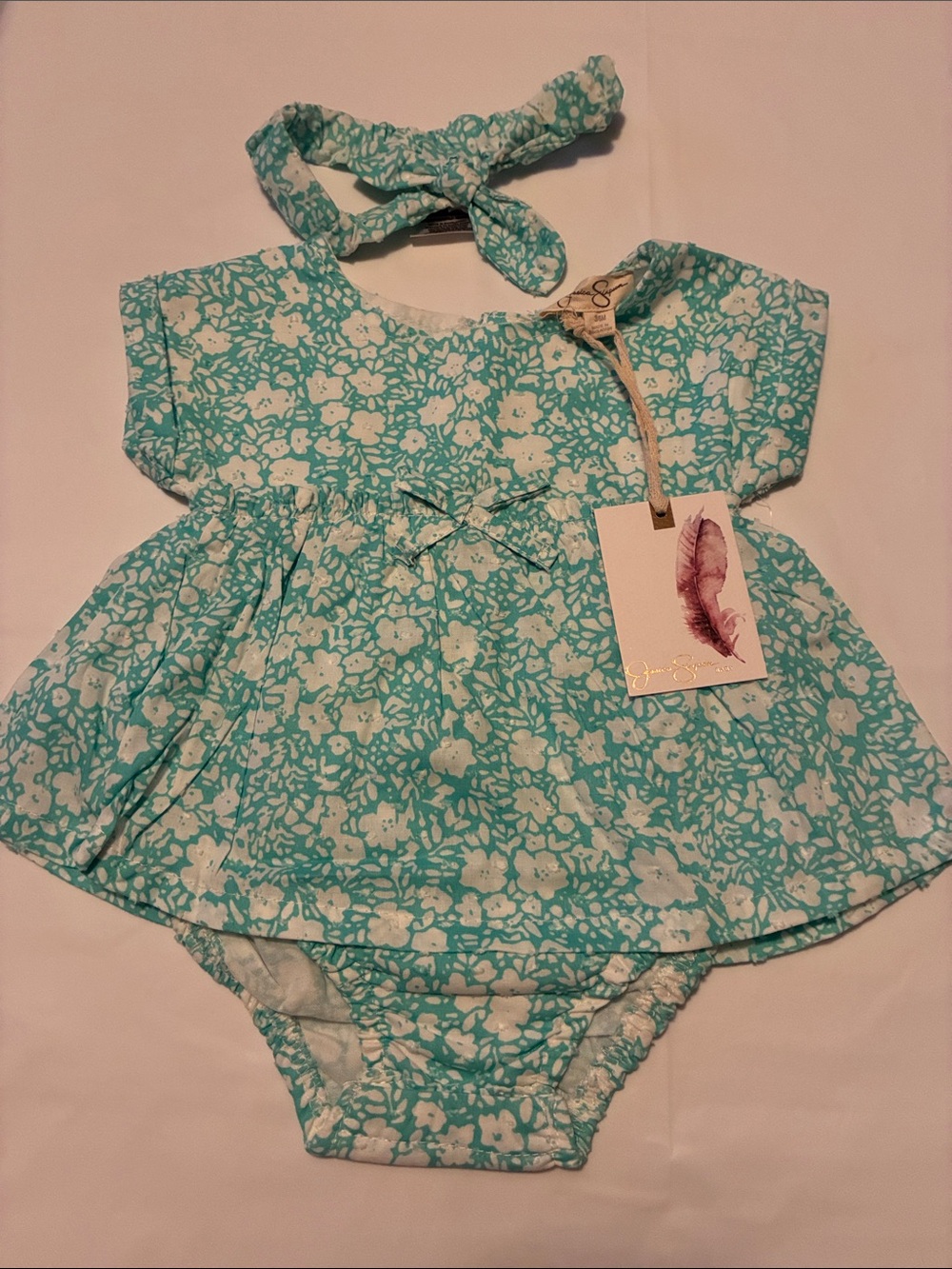 Jessica Simpson Teal Floral Baby One-Piece with Headband